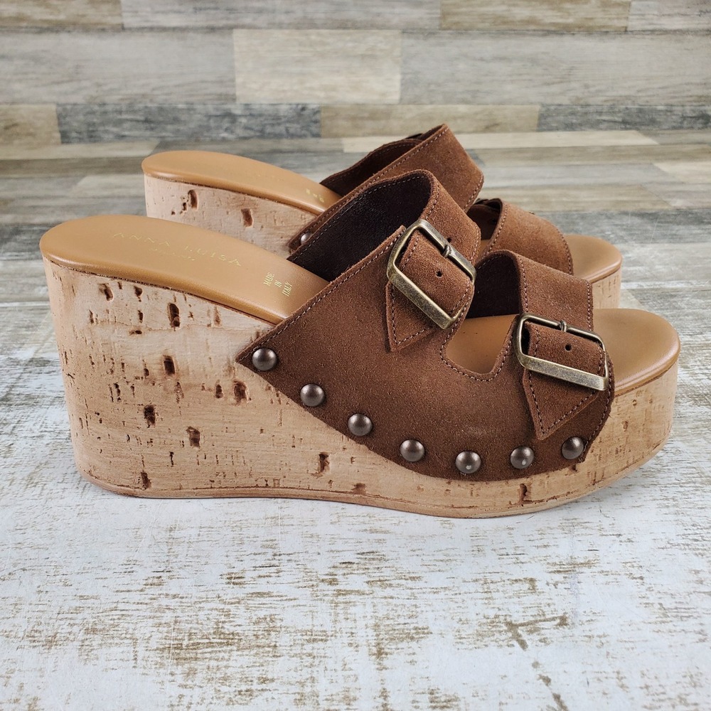 Anna Luisa Amalfi Platform Wedge Sandals Sz 11 Brown Suede Slip On Comfort